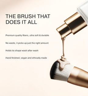 Liquid foundation being dispensed onto the soft synthetic fibers of the 2-in-1 Build & Conceal Brush.