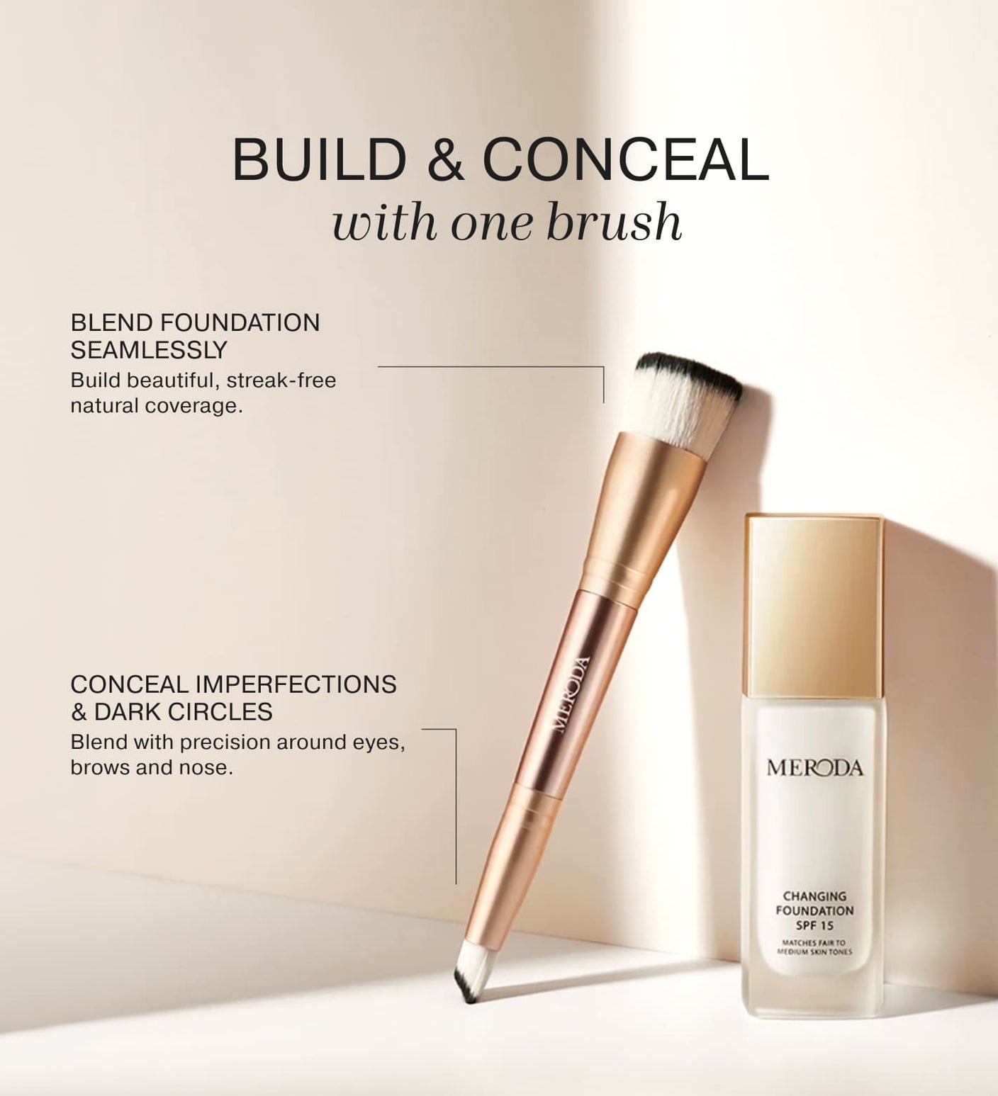 The 2-in-1 Build & Conceal Brush shown alongside foundation, highlighting dual-ended benefits and seamless application.