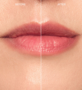 Sunkissed Trio Hydrating Lip Tint in Peachy Rose : avant et après montrant une couleur et une brillance sublimées.