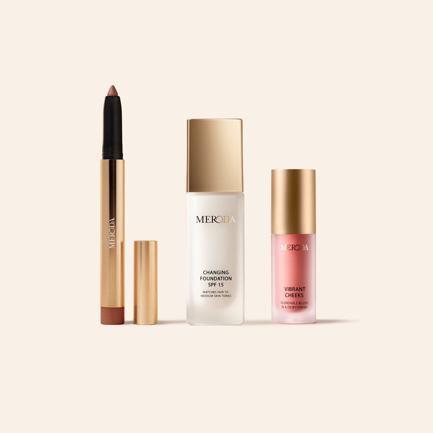 Meroda Cosmetics The Summer Set featuring Eye Perfecting Shimmer Stick, Changing Foundation and Vibrant Cheeks Liquid Blush