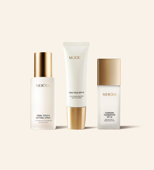 Summer-Proof Edit featuring Daily Face SPF 40, Changing Foundation SPF 30, and Final Touch Setting Spray with gold lids.
