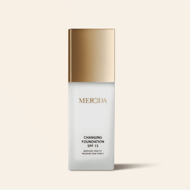 Meroda Cosmetics Changing Foundation bottle with SPF 15 for fair to medium skin tones