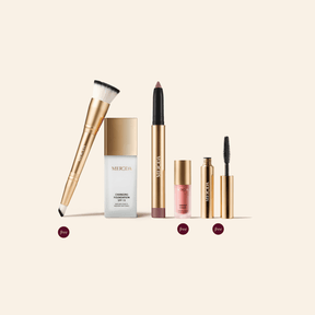 Essential Duo (+3 FREE GIFTS) Brush, Mini Blush, Mascara Sample featuring Changing Foundation, Eye Perfecting Shimmer Stick, and three free gifts