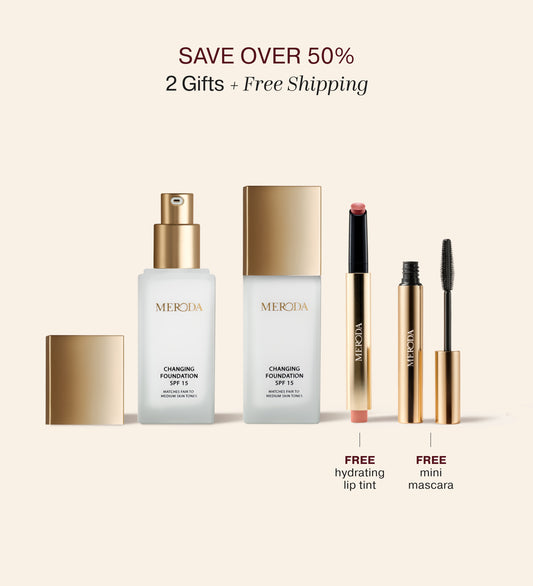Everyday Essentials set featuring two SPF 15 changing foundation bottles, a free hydrating lip tint, and a free mini mascara.