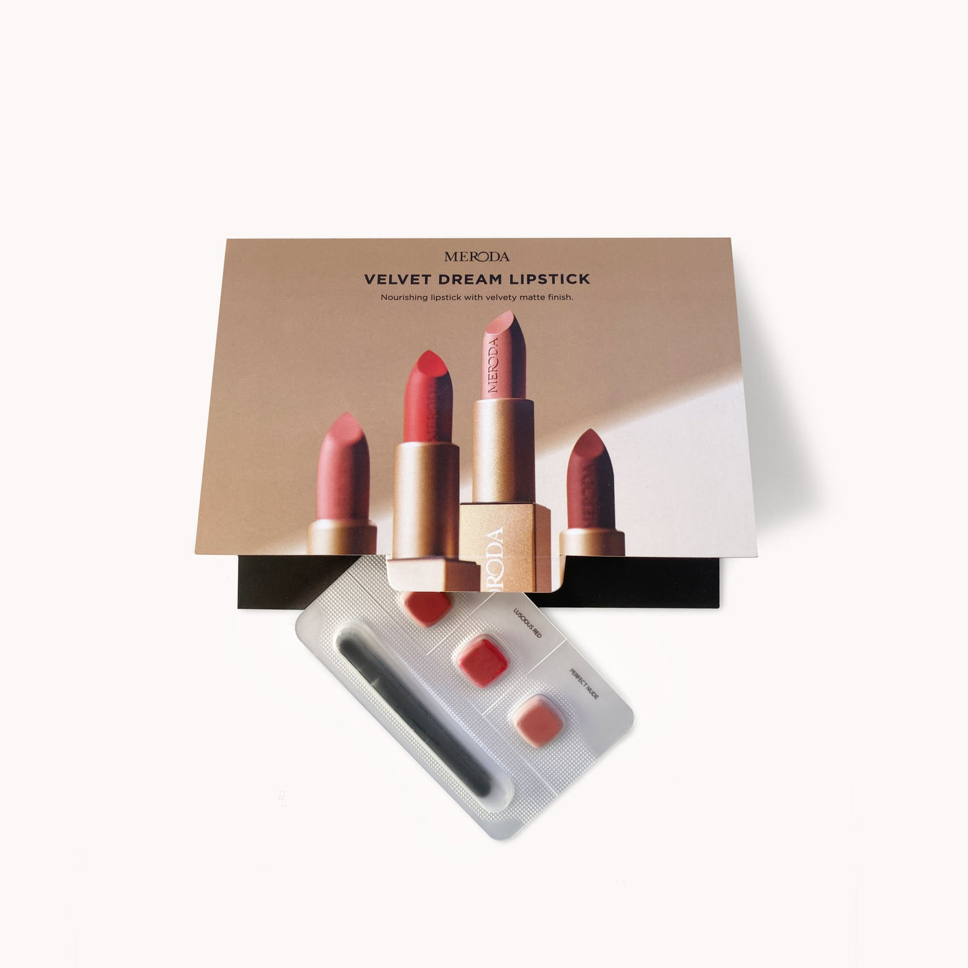 Meroda Velvet Dream Lipsticks Sample - 0.15 g x 3 (Red, Nude & Pink) card with a blister pack and applicator brush.