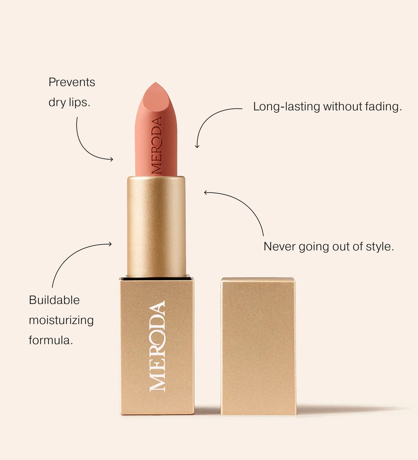 Meroda Cosmetics The Hydrating Lip Tint highlighting benefits such as preventing dry lips, buildable moisturizing formula, and long-lasting wear