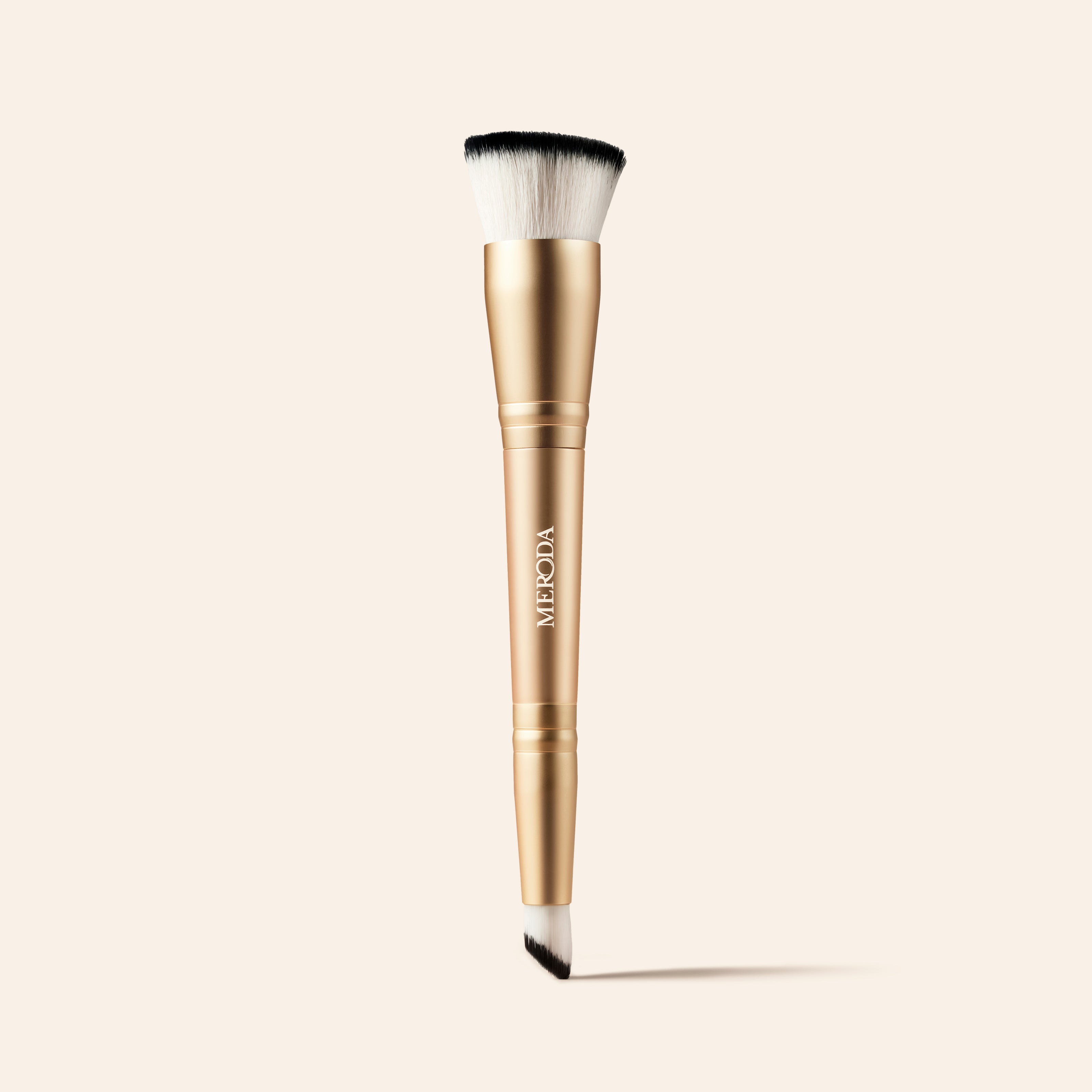 Meroda Cosmetics 2-in-1 Build & Conceal Brush with dual-ended synthetic fibers for blending foundation and concealer