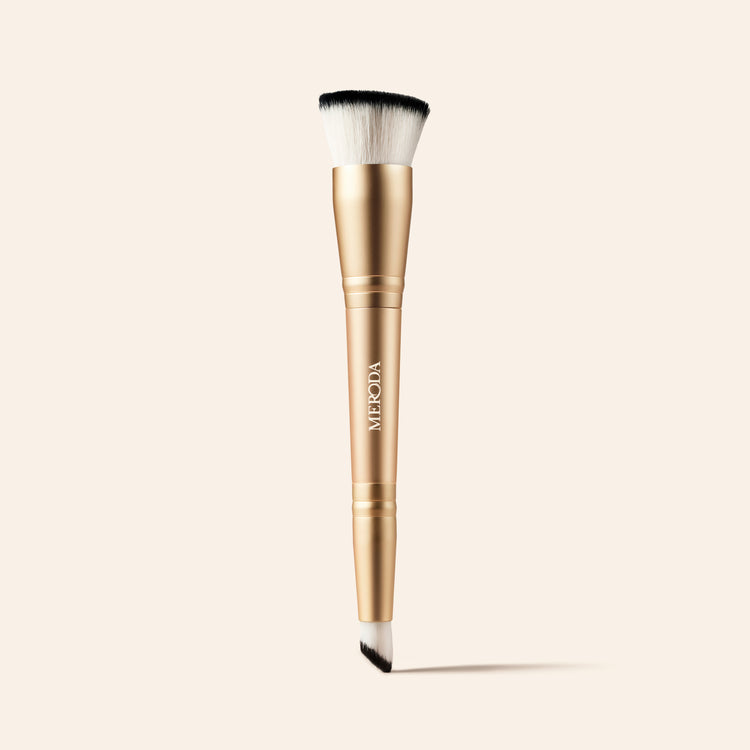 Meroda Cosmetics 2-in-1 Build & Conceal Brush with dual-ended synthetic fibers for blending foundation and concealer