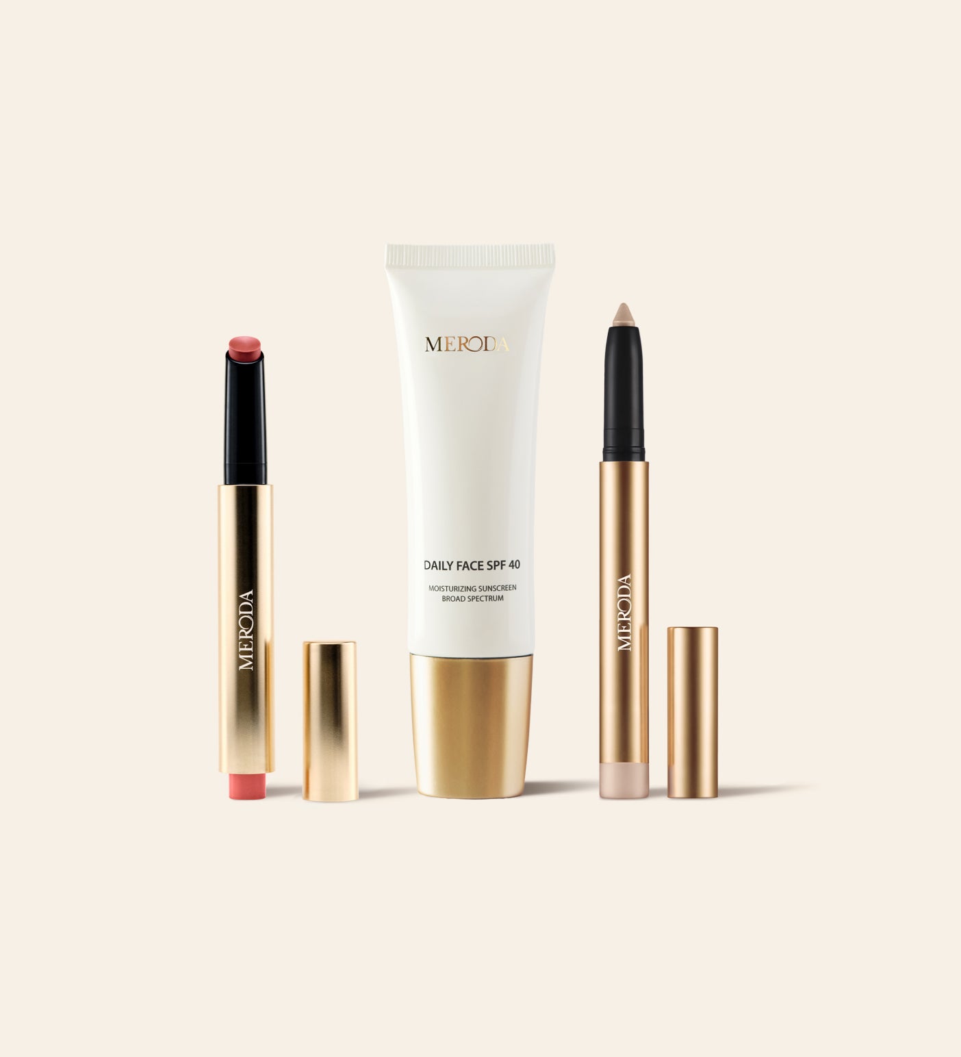 Sunkissed Trio : Daily Face SPF 40, Hydrating Lip Tint et Eye Perfecting Shimmer Stick aux finis dorés.