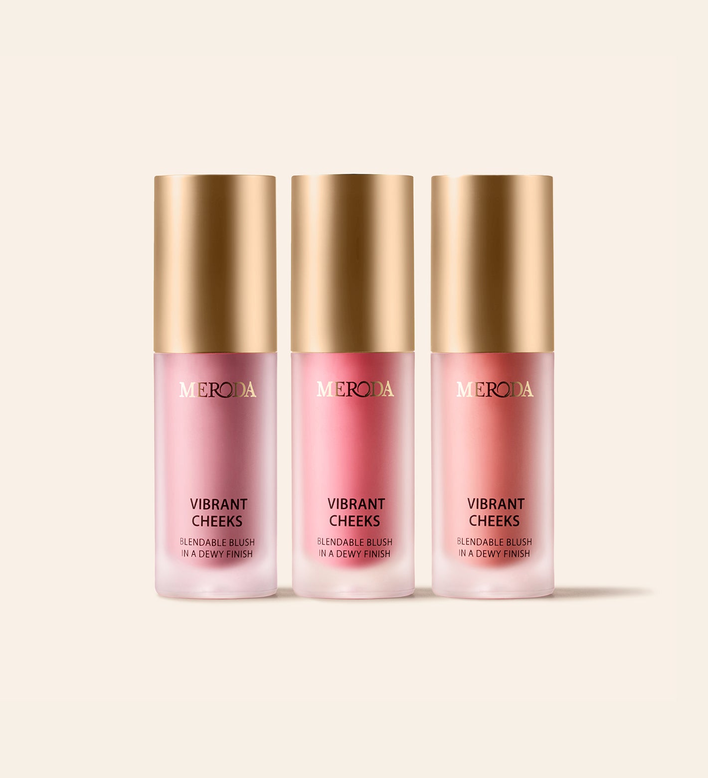 Meroda Cosmetics Vibrant Cheeks Trio featuring three liquid blush bottles with gold caps on a light background