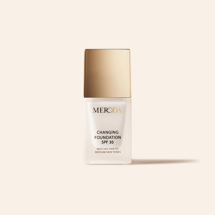 Meroda Cosmetics Mini Changing Foundation SPF 30 bottle matching fair to medium skin tones