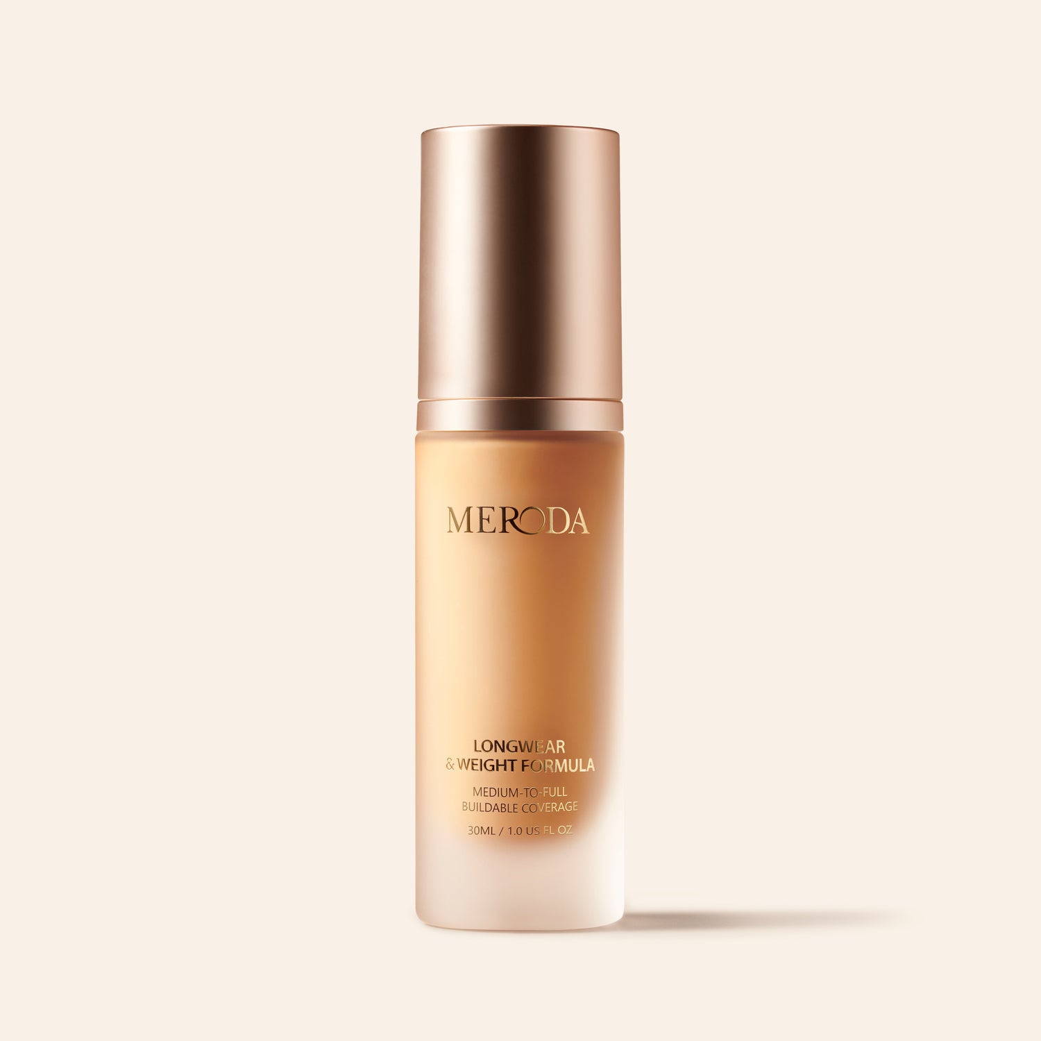 Meroda Universal Foundation bottle highlighting benefits such as longwear formula, medium-to-full buildable coverage and a natural matte finish