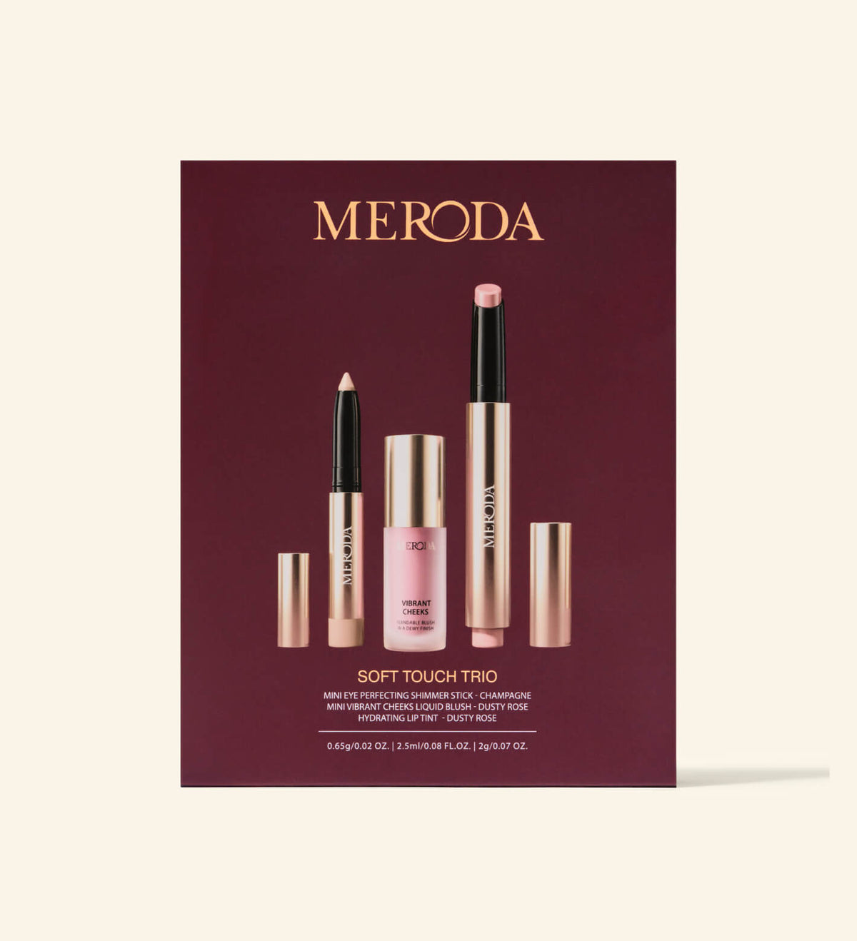 Soft Touch Trio con barra iluminadora champagne, colorete líquido dusty rose y tinte labial hidratante.