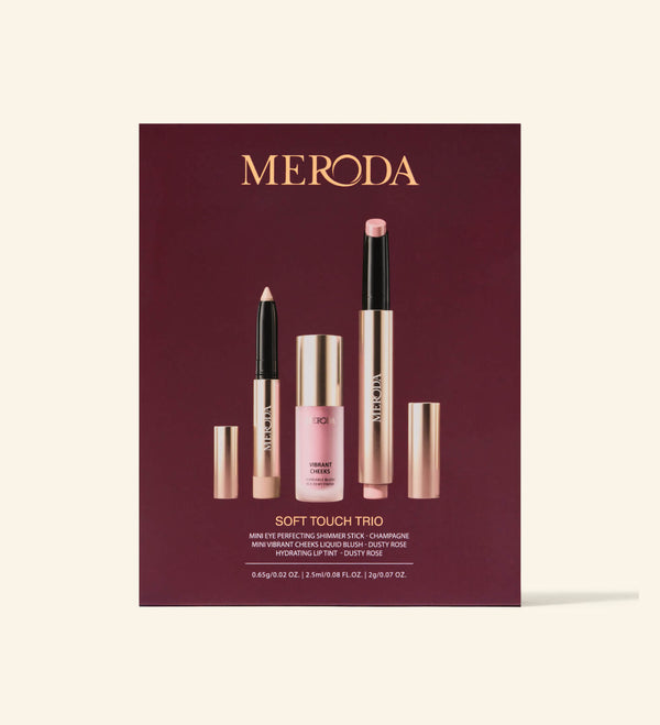 Soft Touch Trio gift set featuring the champagne eye shimmer stick, dusty rose liquid blush, and hydrating lip tint.