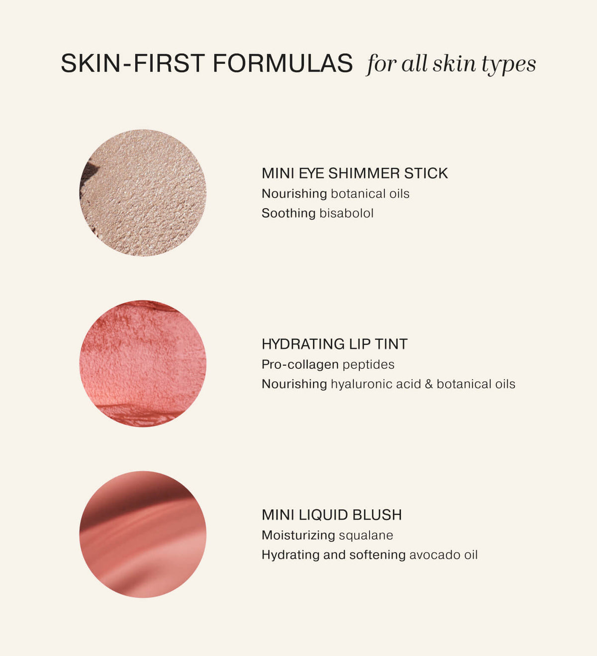 Soft Touch Trio gráfico de ingredientes con fórmulas que priorizan la piel, aceites botánicos nutritivos y escualano hidratante.