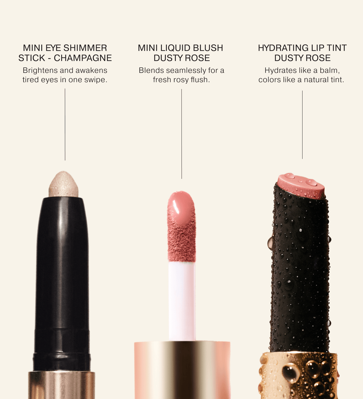 Soft Touch Trio que muestra los detalles de Mini Eye Shimmer Stick, Mini Liquid Blush y Hydrating Lip Tint.