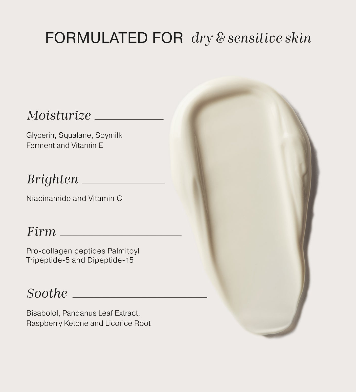 Daily Face SPF 40 creamy swatch highlighting ingredients to moisturize, brighten, firm, and soothe sensitive skin.