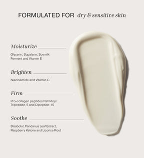 Daily Face SPF 40 creamy swatch highlighting ingredients to moisturize, brighten, firm, and soothe sensitive skin.