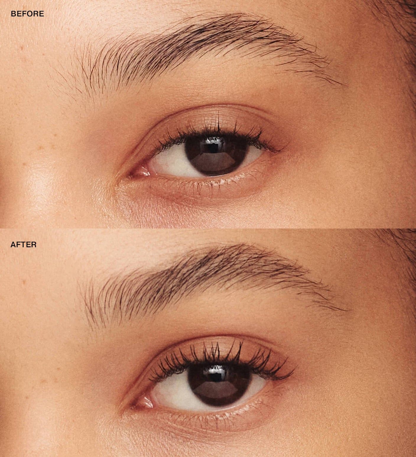 Gilded Lashes Mascara : comparaison avant et après montrant une longueur et un volume des cils améliorés.