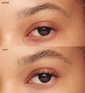 Gilded Lashes Mascara : comparaison avant et après montrant une longueur et un volume des cils améliorés.