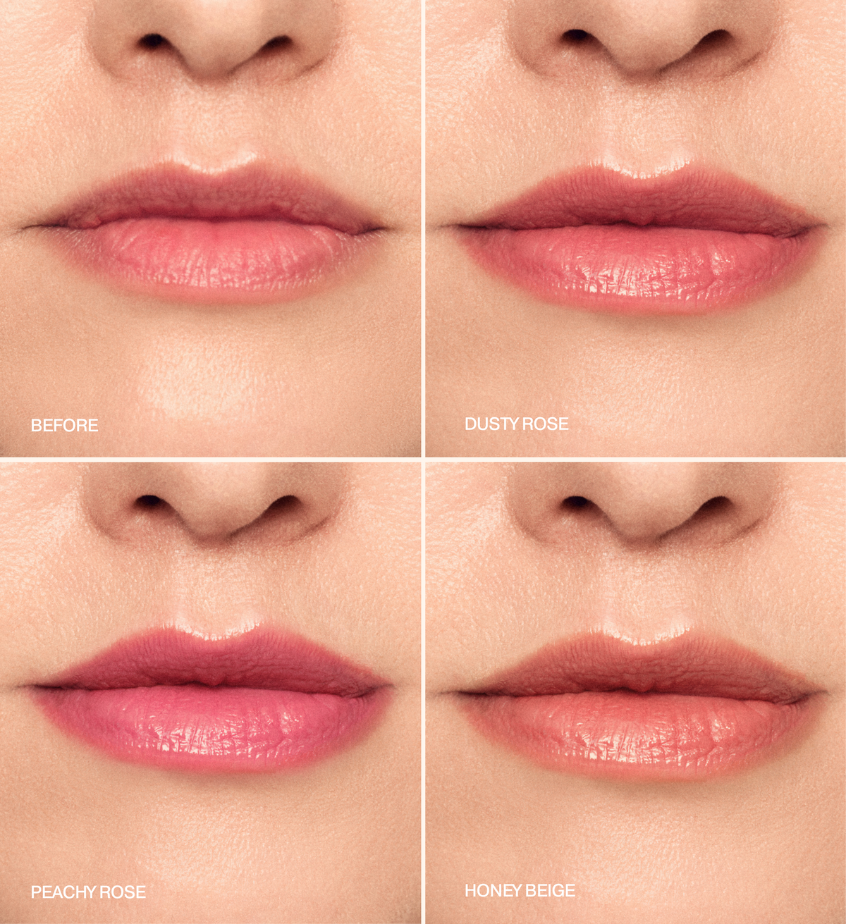 Mini Lip Tint Trio mostrando el antes de la aplicación y el uso de los tonos Dusty Rose, Peachy Rose y Honey Beige.