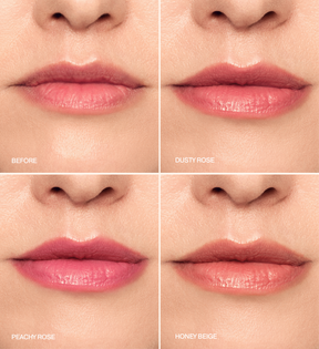 Mini Lip Tint Trio mostrando el antes de la aplicación y el uso de los tonos Dusty Rose, Peachy Rose y Honey Beige.