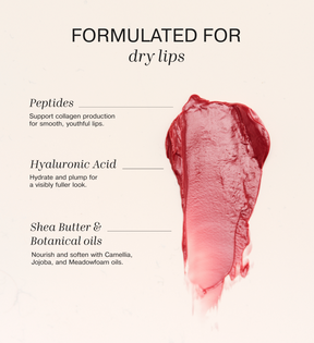 Infografía de ingredientes del Mini Lip Tint Trio que destaca los péptidos, el ácido hialurónico, la manteca de karité y los aceites botánicos.