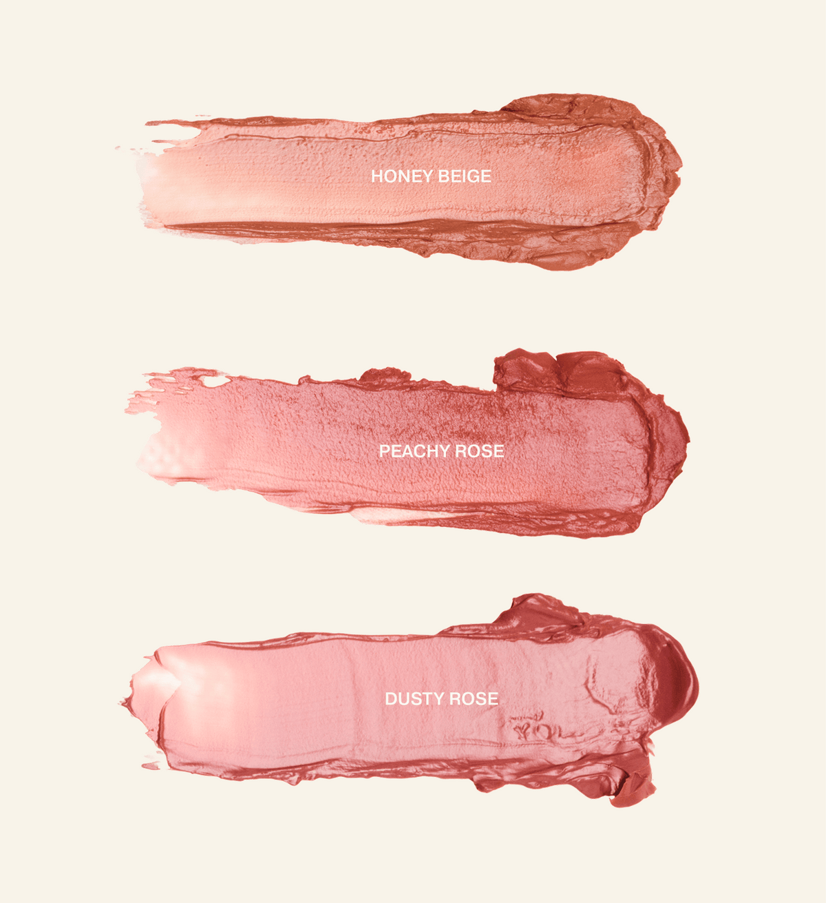 Mini Lip Tint Trio que muestra muestras de textura para los tonos Honey Beige, Peachy Rose y Dusty Rose.
