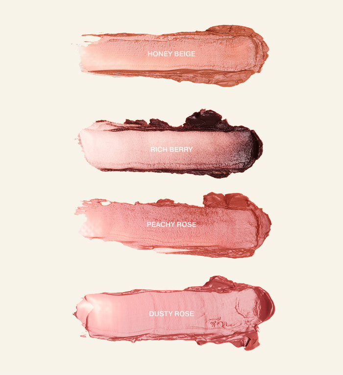 Hydrating Lip Tint texture swatches in all shades showing the hydrating balm-like formula