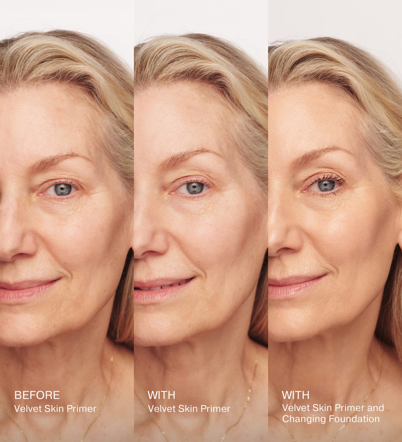 Velvet Skin Primer before and after results showing a mature woman's skin texture smoothing out with primer and foundation