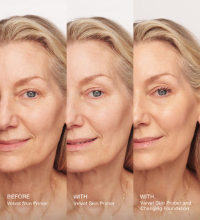 Velvet Skin Primer before and after results showing a mature woman's skin texture smoothing out with primer and foundation