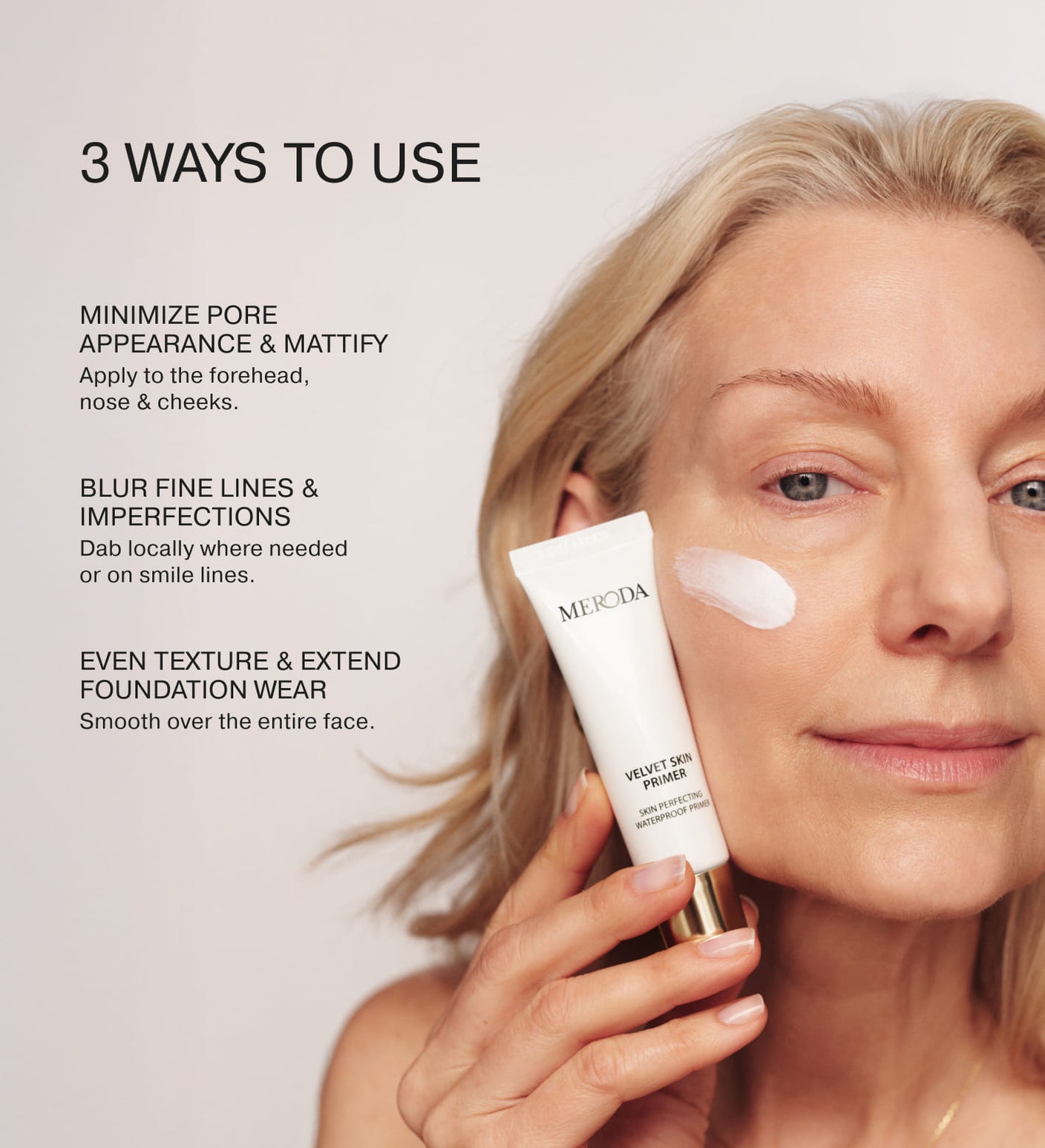 Velvet Skin Primer tube shown alongside a model demonstrating three ways to use the smoothing face primer