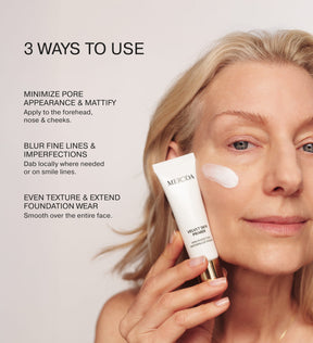 Velvet Skin Primer tube shown alongside a model demonstrating three ways to use the smoothing face primer