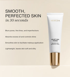 Velvet Skin Primer tube next to text detailing product benefits on a cream background