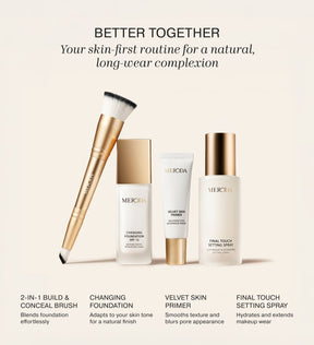 Better Together routine featuring 2-in-1 Build & Conceal Brush, Changing Foundation, Velvet Skin Primer, and Final Touch Setting Spray.