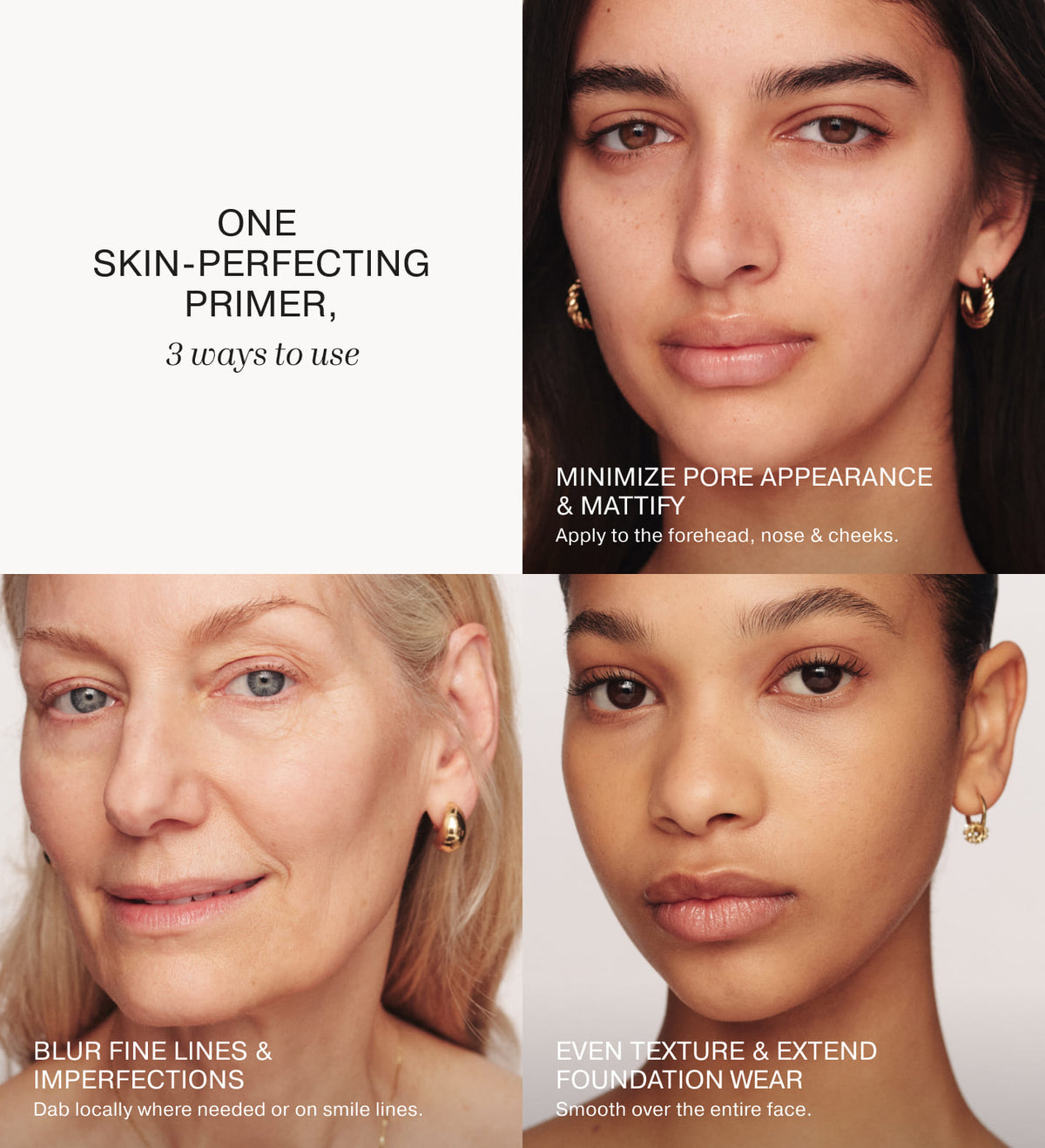 Guía informativa de Velvet Skin Primer que muestra tres formas de usar la fórmula alisadora en diferentes modelos.